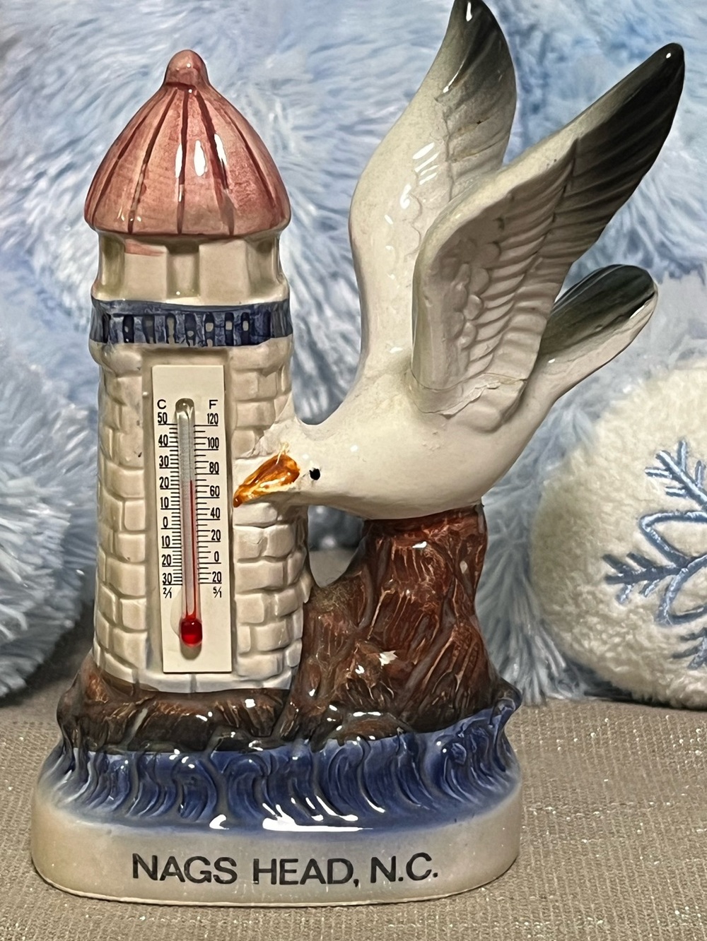 Nags Head Ceramic Seagull Lighthouse Thermometer - White & Blue